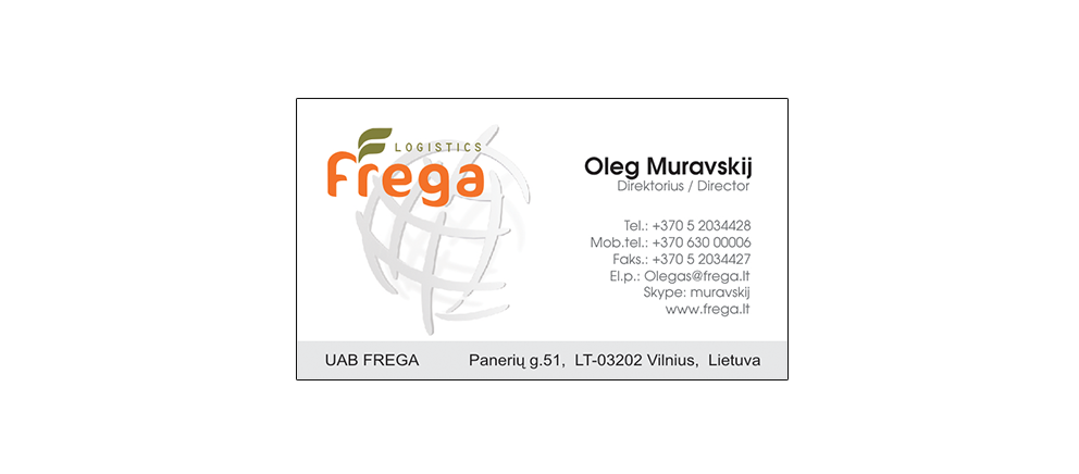 VIZITINĖS KORTELĖS DIZAINO KŪRIMAS – LOGISTIKOS PASLAUGOS UAB „FREGA”